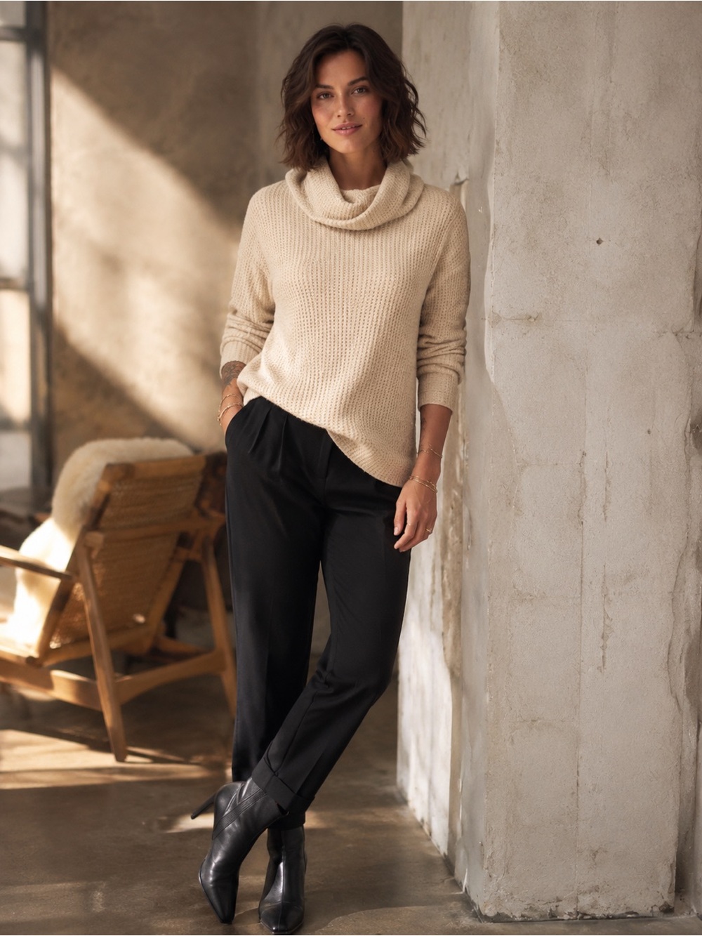 LOFT Cream Waffle Knit Cowl Neck Sweater | Gold Thread Detail | Beige Small